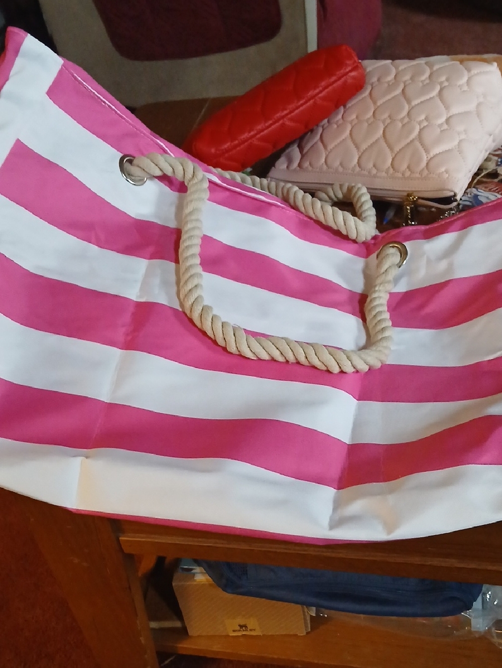 Striped Pink and White Rope-Handle Beach Tote - Unbranded Or Blue